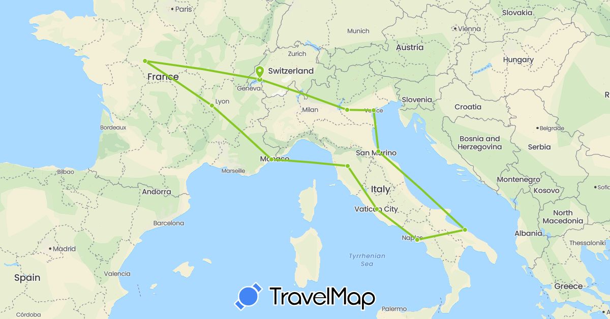 TravelMap itinerary: driving, electric vehicle in Switzerland, France, Italy (Europe)